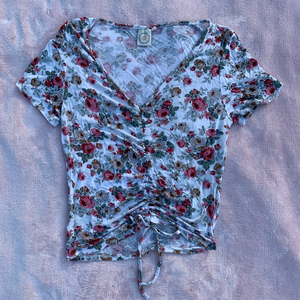 Floral Ruched Drawstring Blouse Top